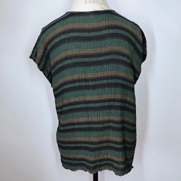 Eileen Fisher Gauzy Organic Cotton Top Womens L/XL Black Green Tan Stripes - Picture 5 of 10
